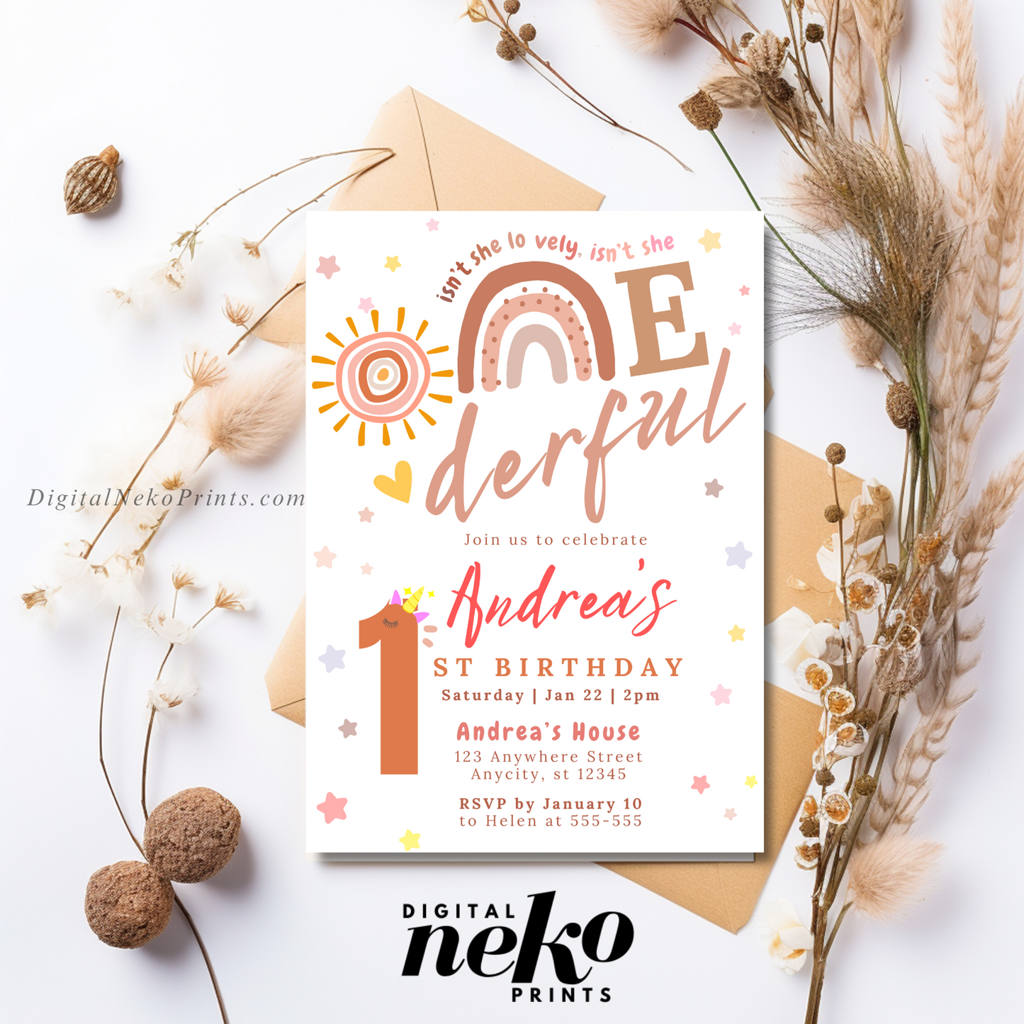 Onederful Rainbow Boho 1st Birthday Invitation (Prints & Digital)